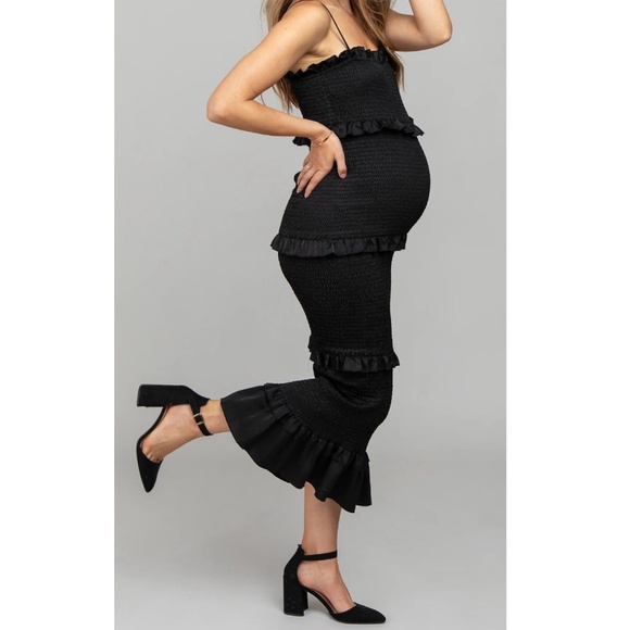 PinkBlush Maternity Black Satin Smocked Midi Dress - Picture 1 of 6